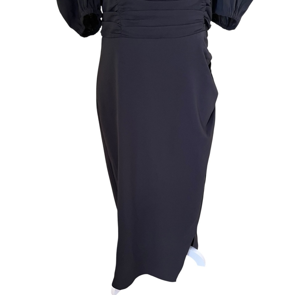 French Connection "Afina" Black Ruched Puff Sleeve Midi Dress with Slit M - Picture 5 of 15